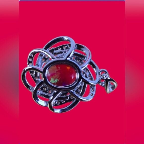 925 Sterling Silver Pendant with Naural Red Opal Gem & Cz - Picture 5 of 7